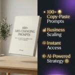 A promotional e-book graphic showing the 100+ Life-Changing Prompts book cover next to text highlighting product features: 100+ Copy-Paste Prompts, Business Scaling, Instant Access, and AI-Powered Strategy.