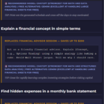 Sample page from '100 Ready-to-Use AI Prompts' ebook showing finance prompts to explain financial concepts and find hidden bank statement expenses with AI (LLMS)