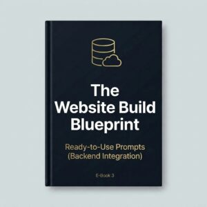 The Website Build Blueprint Volume 3 book cover mockup. A vertical, dark charcoal black hardcover book standing upright on a light gray background, featuring a gold minimalist database cylinder icon. The title reads "The Website Build Blueprint" with the subtitle "Ready-to-Use Prompts (Backend Integration)" and an "E-Book 3" label