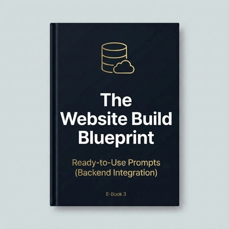 The Website Build Blueprint Volume 3 book cover mockup. A vertical, dark charcoal black hardcover book standing upright on a light gray background, featuring a gold minimalist database cylinder icon. The title reads "The Website Build Blueprint" with the subtitle "Ready-to-Use Prompts (Backend Integration)" and an "E-Book 3" label