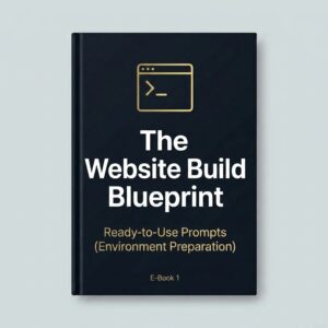 The Website Build Blueprint Volume 2 book cover mockup. A vertical, dark charcoal black hardcover book standing upright on a light gray background, featuring a gold minimalist terminal command prompt icon. The title reads "The Website Build Blueprint" with the subtitle "Ready-to-Use Prompts (Environment Preparation)" and an "E-Book 2" label.