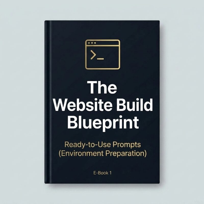 The Website Build Blueprint Volume 2 book cover mockup. A vertical, dark charcoal black hardcover book standing upright on a light gray background, featuring a gold minimalist terminal command prompt icon. The title reads "The Website Build Blueprint" with the subtitle "Ready-to-Use Prompts (Environment Preparation)" and an "E-Book 2" label.