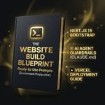 Volume 2 product gallery showcase banner for The Website Build Blueprint. Shows the dark charcoal-black e-book cover at a 3D perspective angle next to glowing gold tags highlighting the features: Next.js 15 Bootstrap, AI Agent Guardrails (CLAUDE.md), and Vercel Deployment Guide