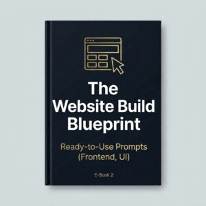 The Website Build Blueprint Volume 1 book cover mockup. A vertical, dark charcoal black hardcover book standing upright on a light gray background, featuring a gold minimalist cursor and wireframe icon. The title reads "The Website Build Blueprint" with the subtitle "Ready-to-Use Prompts (Frontend, UI)" and an "E-Book 1" labe