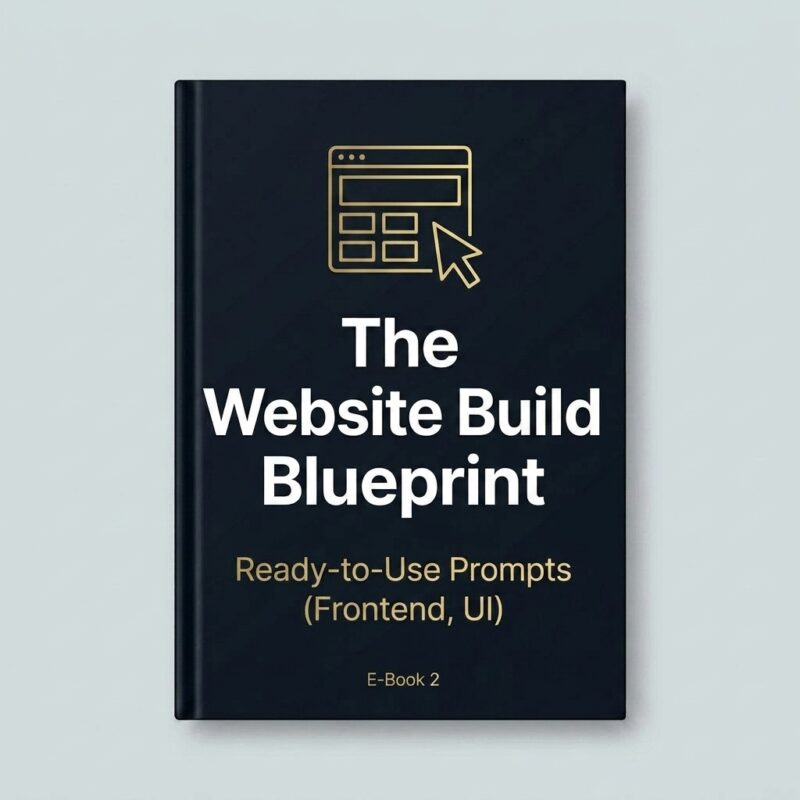 The Website Build Blueprint Volume 1 book cover mockup. A vertical, dark charcoal black hardcover book standing upright on a light gray background, featuring a gold minimalist cursor and wireframe icon. The title reads "The Website Build Blueprint" with the subtitle "Ready-to-Use Prompts (Frontend, UI)" and an "E-Book 1" labe