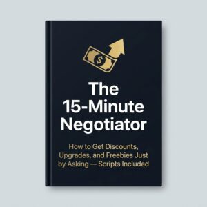 The 15-Minute Negotiator book cover - Gold and navy business e-book on how to get upgrades, discounts, and raise your salary.