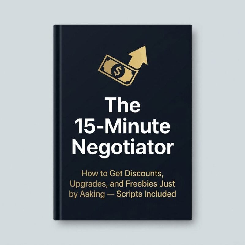 The 15-Minute Negotiator book cover - Gold and navy business e-book on how to get upgrades, discounts, and raise your salary.